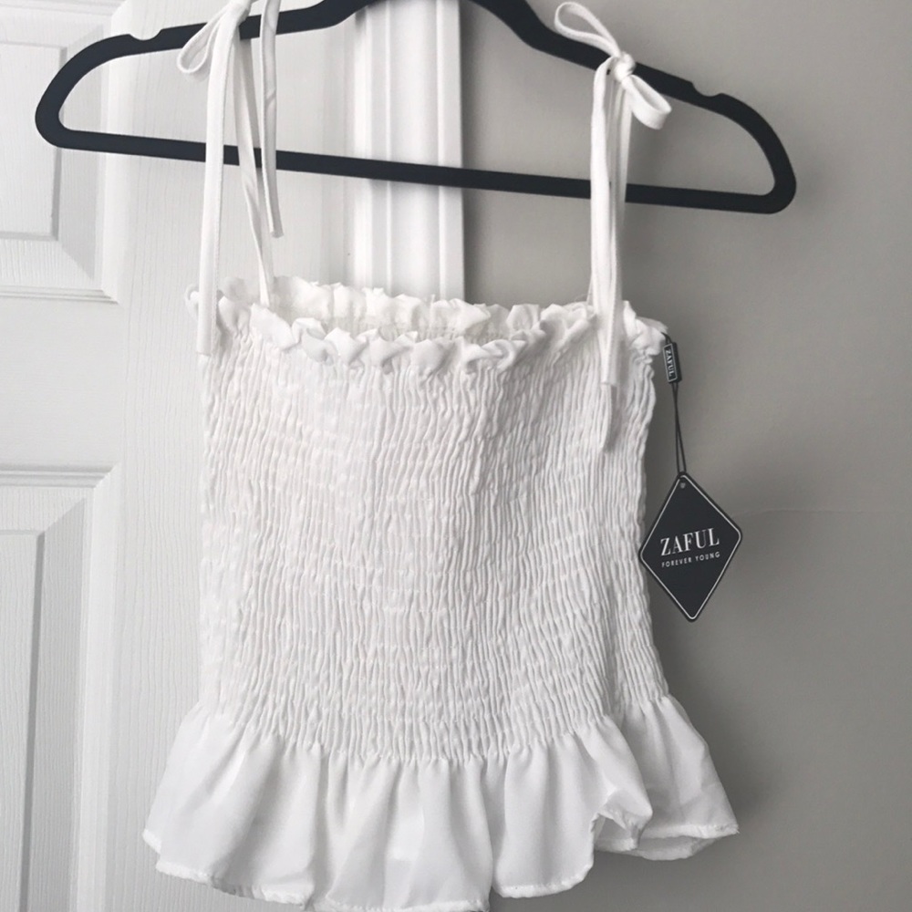 White Scrunched Ruffle Top